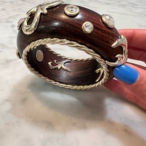 Dominique Aurientis Paris Gilt Silver Plate, Rhinestone, Wood Bangle With Pouch